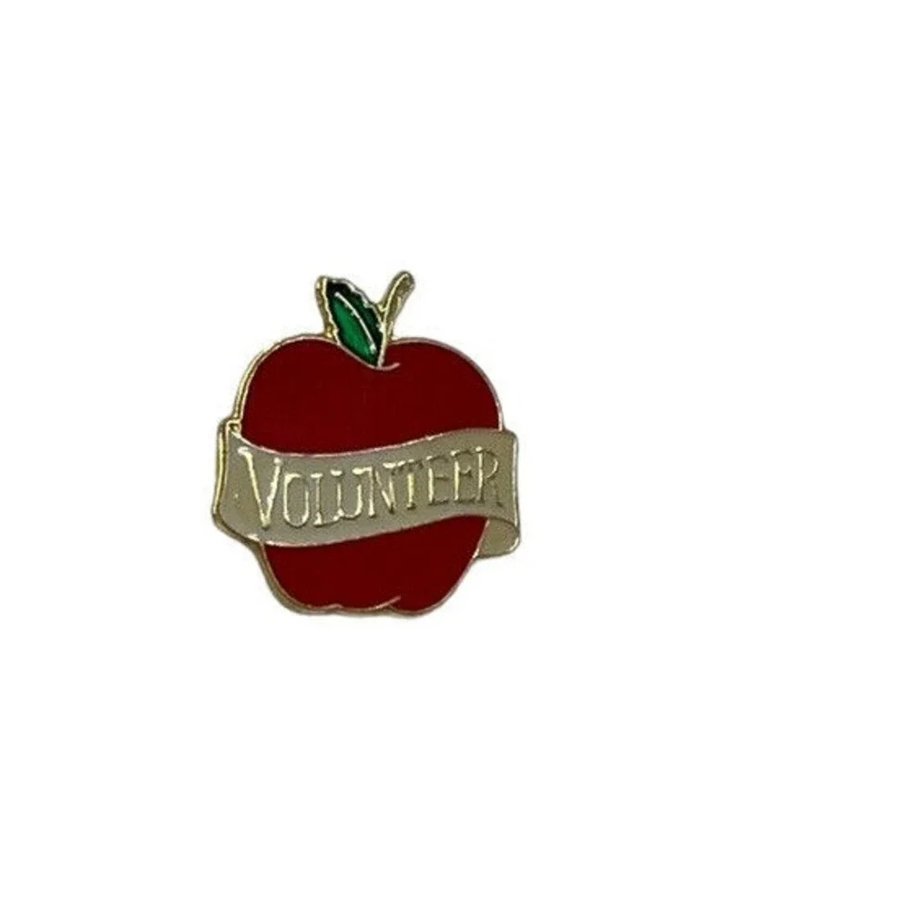 Volunteer Teacher Red Apple Gold Tone Vintage Enamel Lapel Pin‎